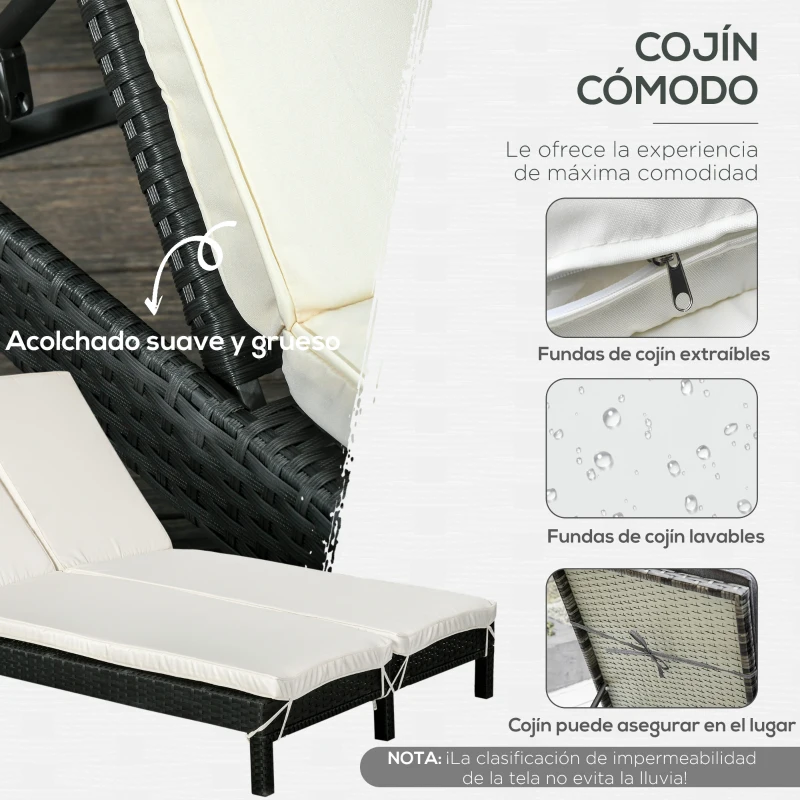 Outsunny Conjunto de Tumbona Exterior de Ratán 2 Plazas con Cojines Acolchados Resistente al Agua con Respaldo Regulable de 5 Niveles Soporta 220 kg 195x120x28 cm Negro