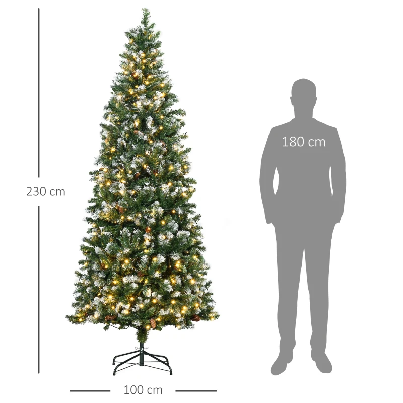 HOMCOM Árbol de Navidad Artificial con Luces LED Altura 230 cm con 1051 Ramas 45 Piñas Apertura Automática Base Plegable
