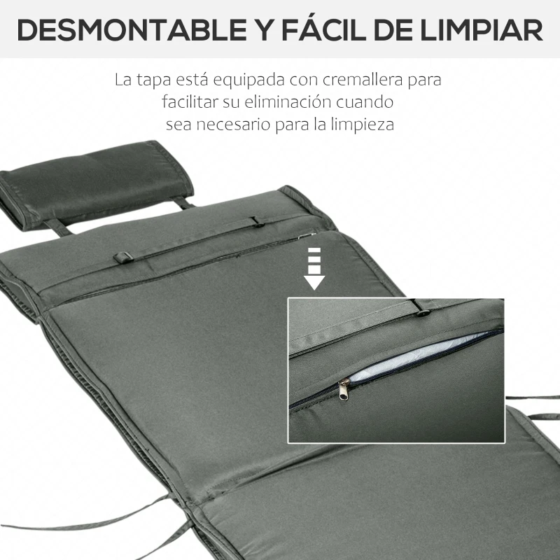Outsunny Cojín para Tumbona de Exterior 198x53x5 cm Desenfundable y Lavable con Reposacabezas Extraíble Colchoneta Plegable de Algodón Cojín SOLO para Silla Reclinable de Jardín Gris