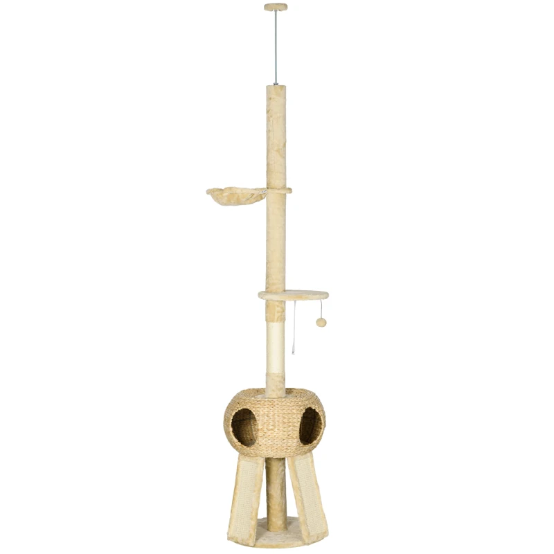 PawHut Árbol para Gatos de Suelo a Techo de 225-255 cm con Cueva Hamaca Postes Rampas y Bolas Ø48x225-255 cm Beige