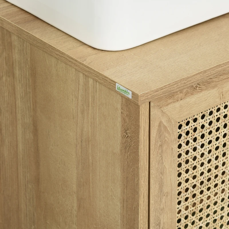 kleankin Badezimmerunterschrank, im Boho-Design, Badezimmerschrank, Rattan-Elemente, mit U-Ausschnitt, Natur