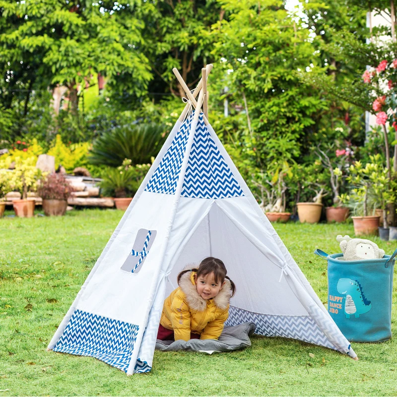 HOMCOM Tenda Indiana per Bambini Teepee in Tessuto e Legno con Finestra, Età 3-6 Anni, 120x120x155cm, Bianco e Blu
