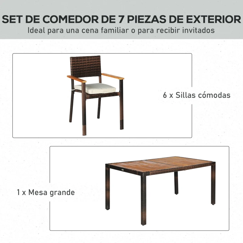 Outsunny Conjunto de Ratán Sintético para Jardín Juego de Mesa y 6 Sillas para Exterior 150x90x74cm y 50x55x88cm Marrón