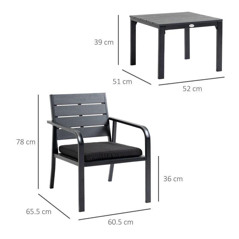 Outsunny Set da Giardino 3 Pezzi con Tavolino e 2 Sedie con Cuscini, Acciaio e Plastica, Grigio Scuro