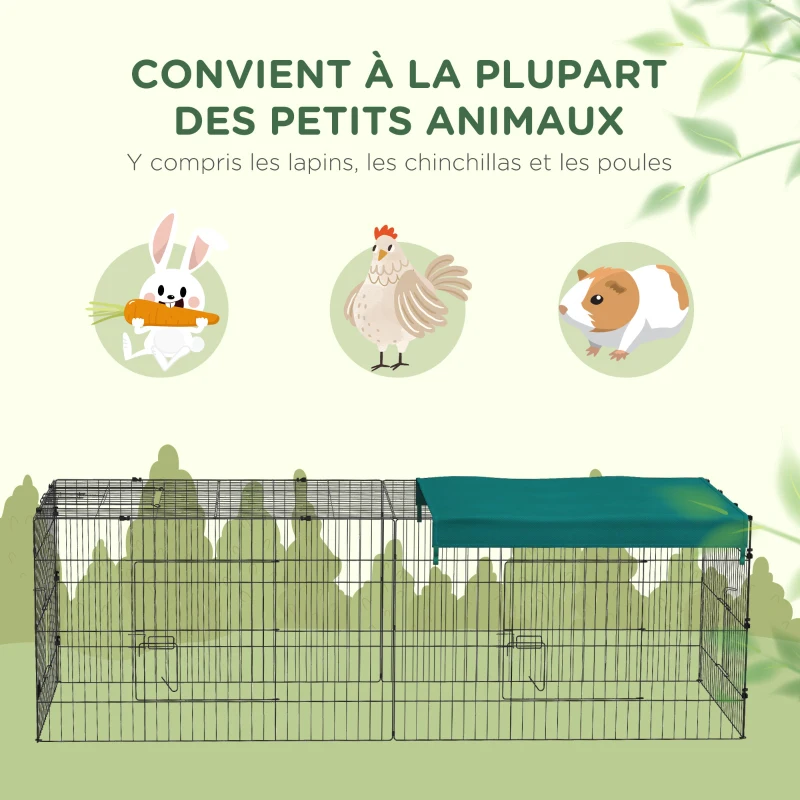 PawHut Parc enclos modulable acier avec bache pour lapins rongeurs petits animaux intérieur extérieur 220L x 85l x 70H cm vert