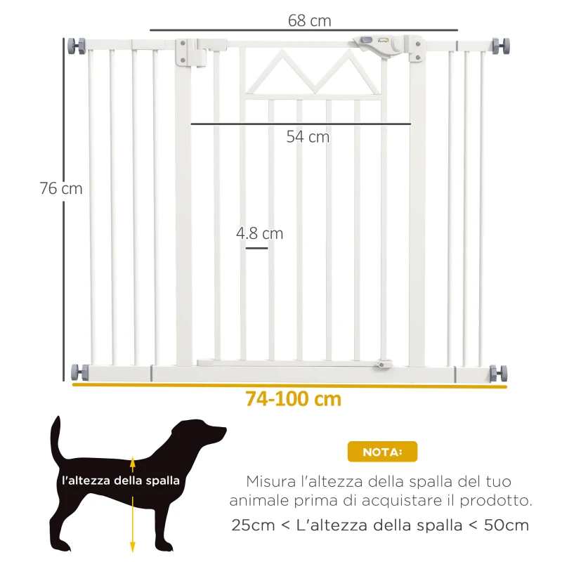 PawHut Cancelletto per Cani taglia Piccola e Media con Chiusura Automatica, in Acciaio e PA, 74-100x76 cm, Bianco