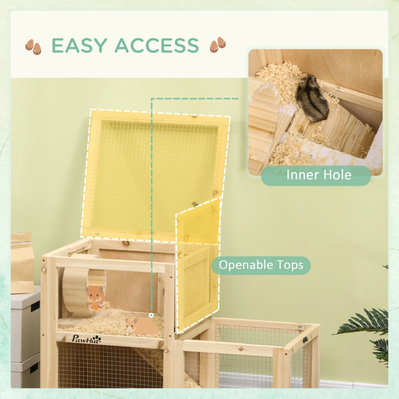 PawHut Wooden Hamster Cage with Sliding Tray, 2 Tiers Gerbil Cage Mice Rodent Small Animal Hutch with Run Area, Openable Roofs, Ramp, Seesaw, Running Wheel, 78 x 41.5 x 60 - Natural
