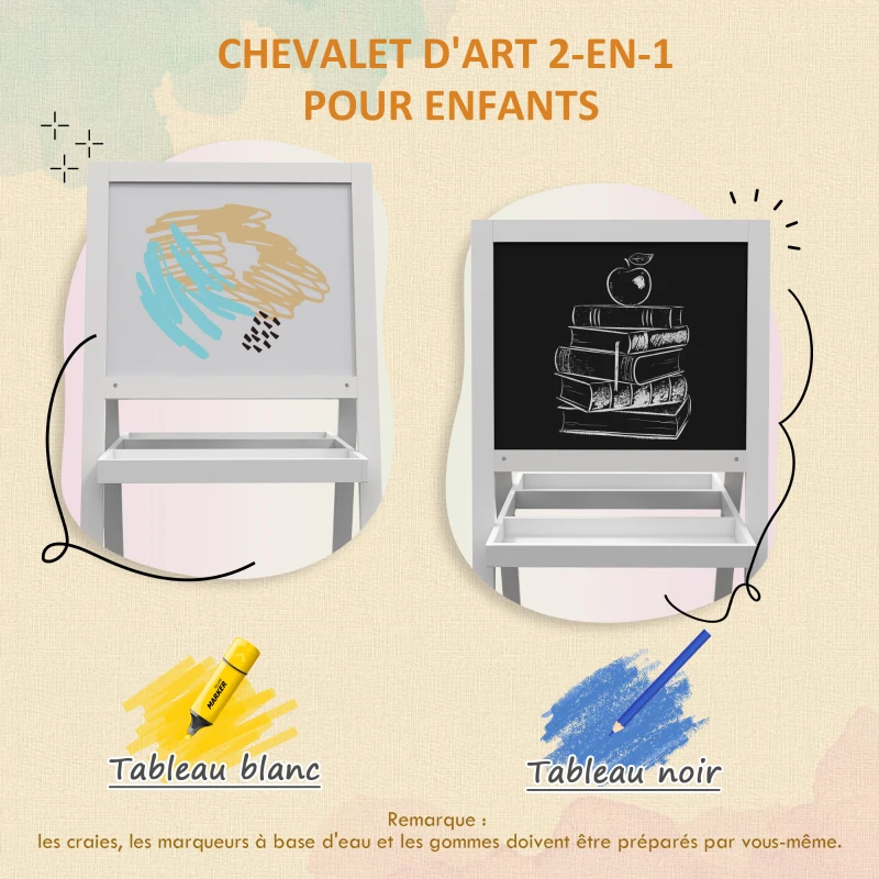 AIYAPLAY Tableau chevalet enfant 2 en 1 face ardoise magnétique et face tableau noir à craie blanc