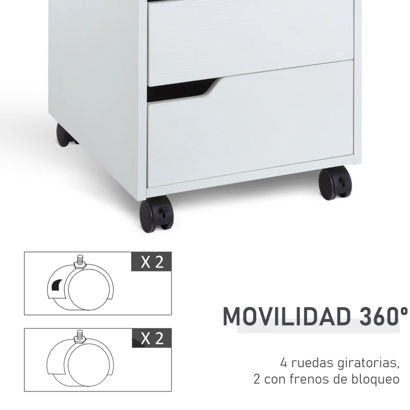 HOMCOM Cajonera de Oficina con Ruedas Mueble Archivador con 3 Cajones Cajonera para Escritorio Estudio 40x50x57,5 cm Blanco