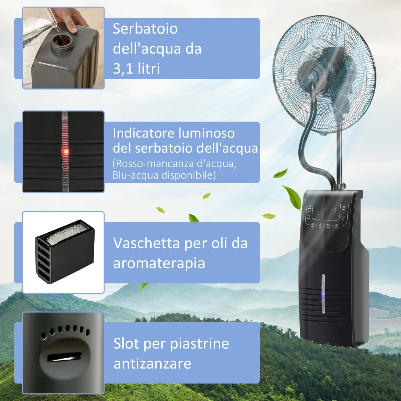HOMCOM Ventilatore Nebulizzatore con Telecomando da 5m, Timer 12h e Oscillazione 70°, 3 Velocità, 3 Funzioni e Antizanzare, Tanica 3.1L, 90W, Ф44.5x135cm Nero