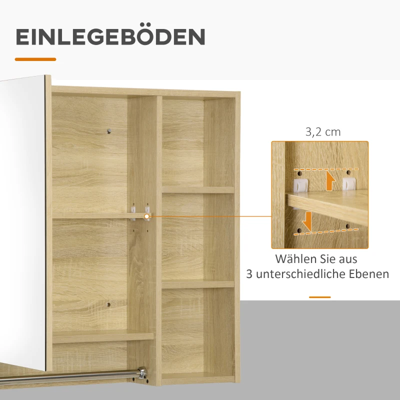 kleankin Spiegelschrank Badschrank Hängeschrank Wandschrank Badmöbel Mehrzweckschrank mit offener Fächern Badezimmer Spanplatte Glas Natur 80 x 15 x 70 cm