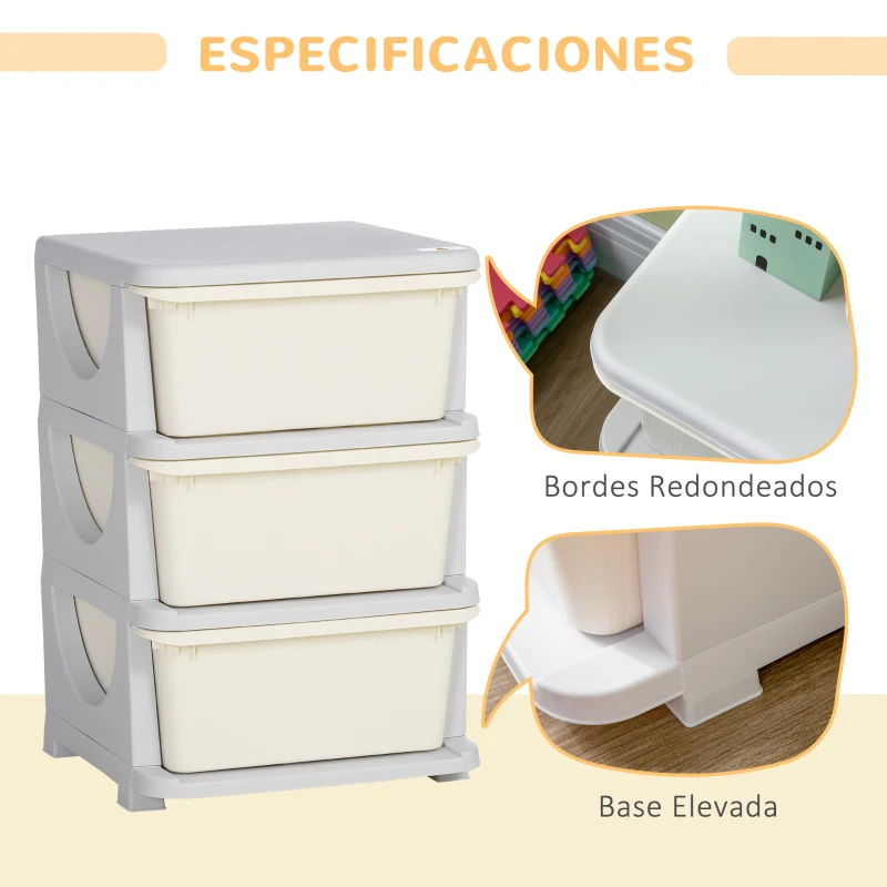 HOMCOM Cajonera de Plástico Organizador para Niños con 3 Cajones Asas para Juguetes Ropa Libros 37x37x56,5 cm Beige