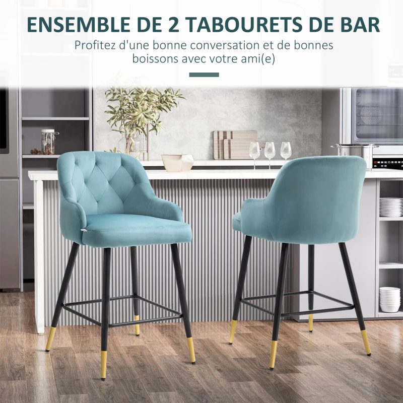 HOMCOM Lot de 2 tabourets de bar chaises hautes capitonnées aspect velours, pieds métal noir et doré avec repose-pieds, accoudoirs hauteur 61 cm - bleu