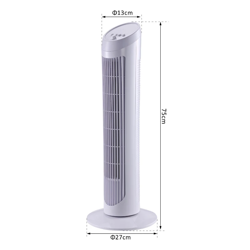 HOMCOM Ventilador de Torre Oscilante 70° Tower Fan Columna Ventilador de Pie Potencia 45W 3 Velocidad Asa de Transporte Hogar Oficina φ27x75cm Blanco