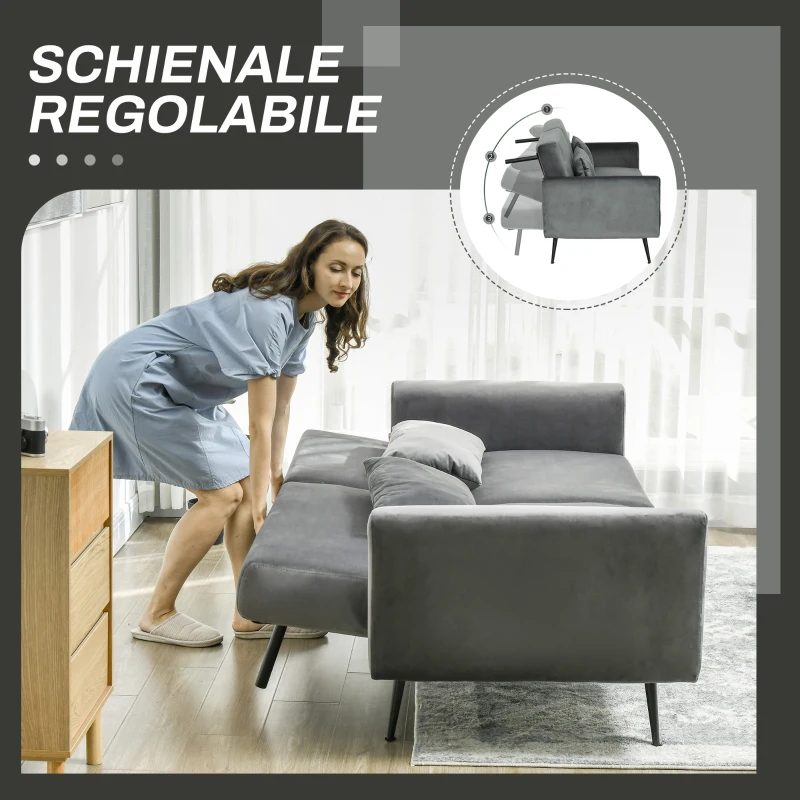 HOMCOM Divano Letto 3 Posti con Design Clic Clac e 2 Cuscini, in Tessuto Effetto Velluto, 206x81x83 cm, Grigio