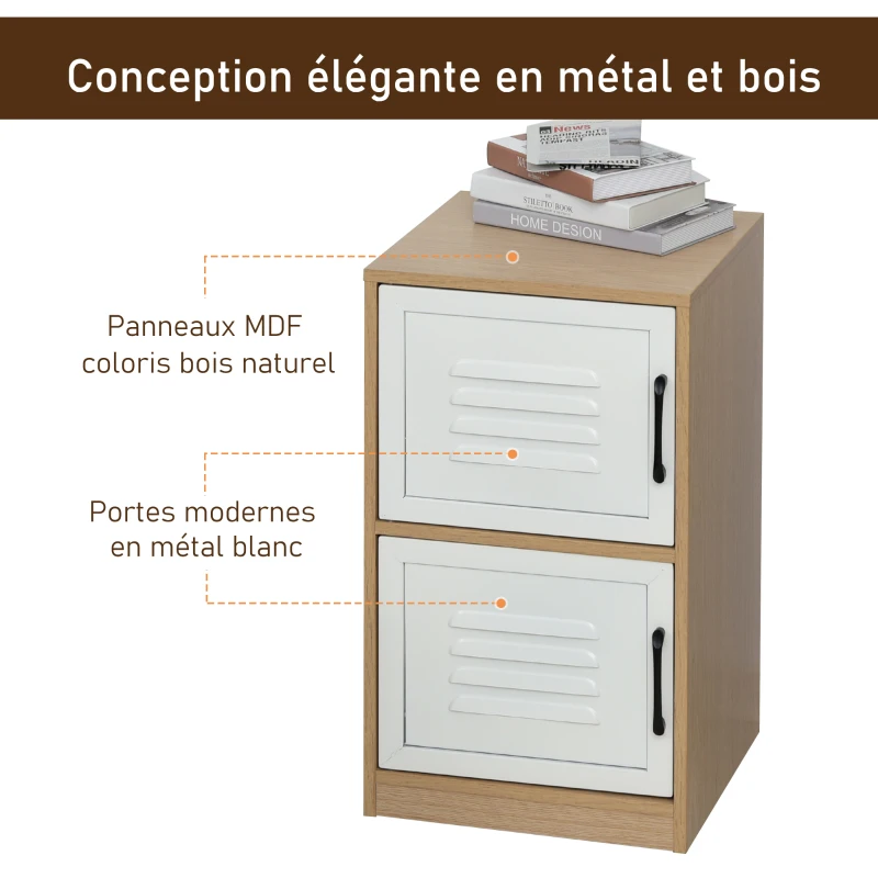 HOMCOM Caisson de bureau rangement bureau 2 portes métal blanc dim. 38L x 39I x 68H cm panneaux particules bois clair
