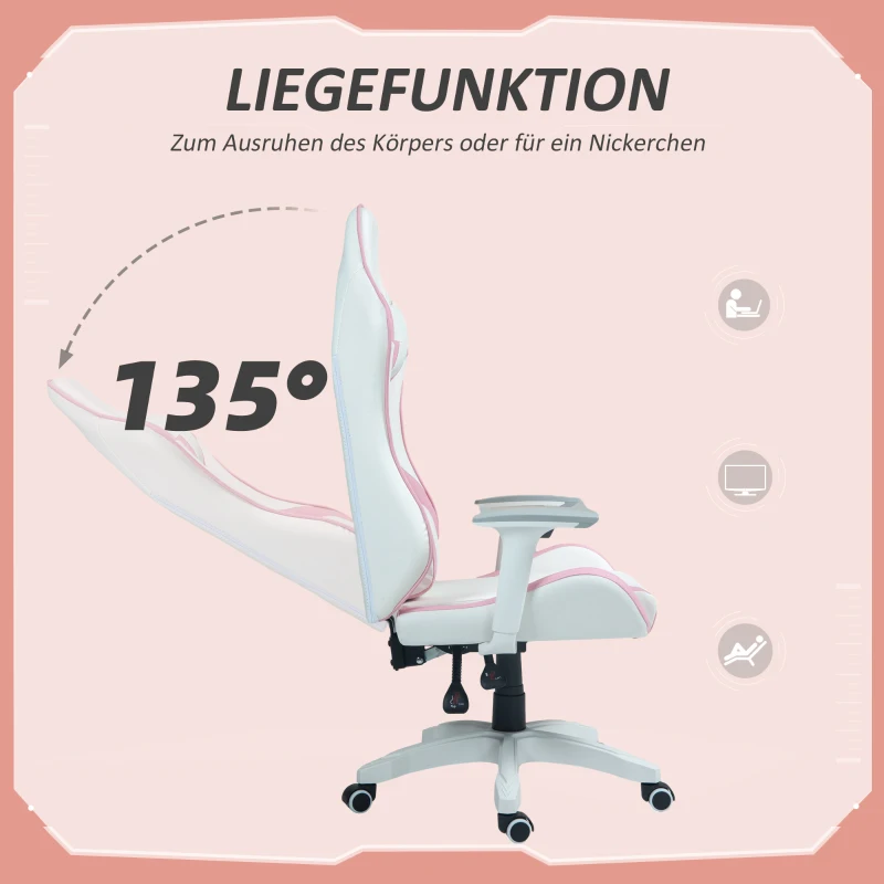 HOMCOM Gamingstuhl, Racing-Design, neigbar, höhenverstellbar, Kunstleder, 67B x 60T x 120-128H cm, Rosa/Weiß