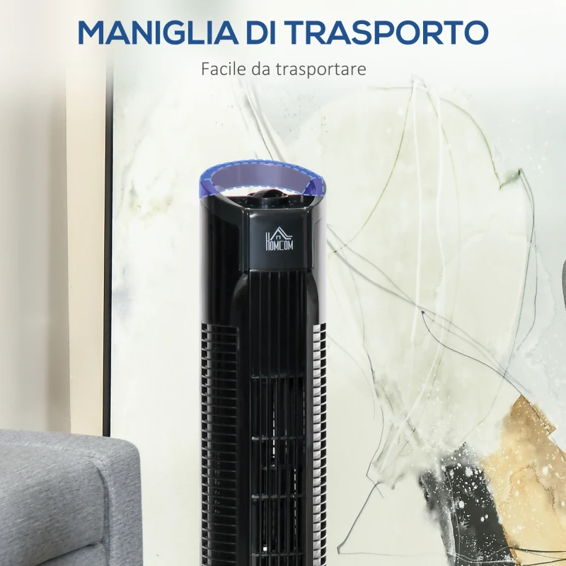 HOMCOM Ventilatore a Colonna Moderno 3 Velocità con Oscillazione 70°, Ventilatore a Torre con Piantana Rotonda e Maniglia, Potenza 50W, in PP, Ø20x78.5cm Nero