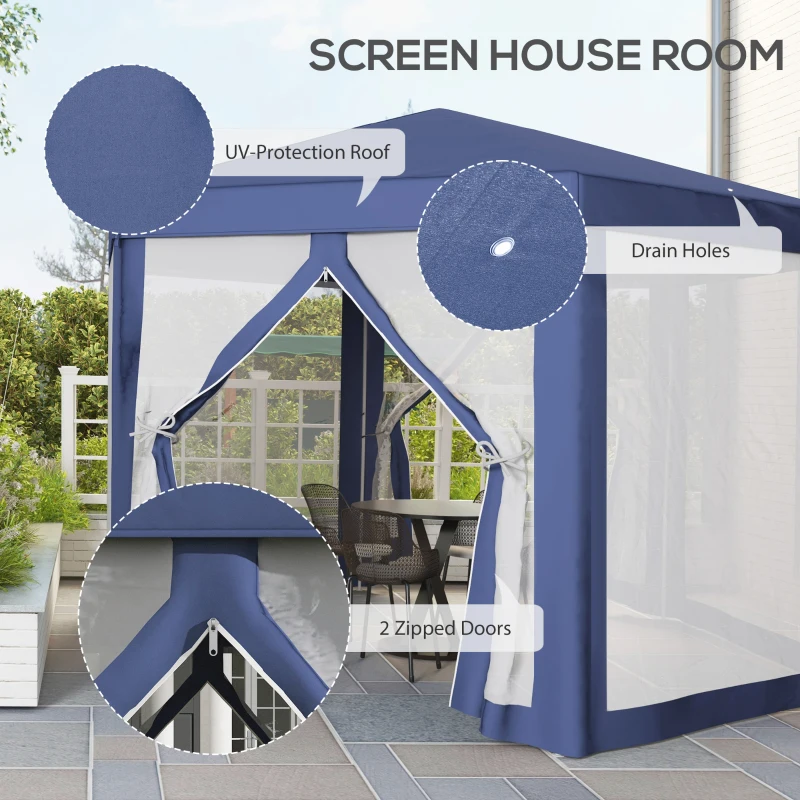 Outsunny 4M Hexagon Gazebo, Netting Party Tent, Patio Canopy Outdoor Event Shelter for Activities, Shade Resistant, Blue