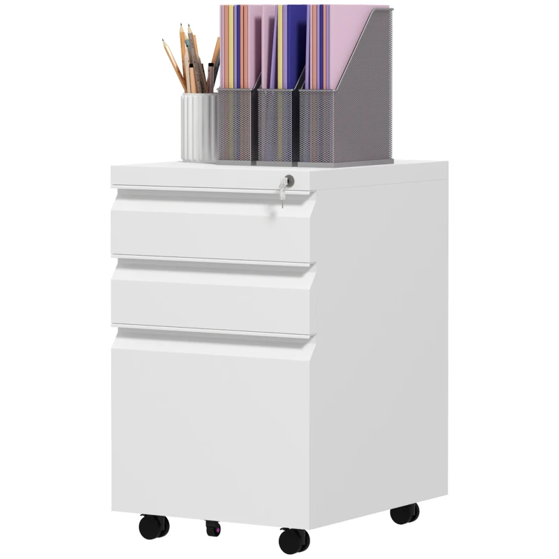 Vinsetto 3-Drawer Filing Cabinet with Lock, Mobile Steel File Cabinet for A4, Legal and Letter Size, Under Desk Drawers with Pre-Assembled Body for Home Office, 37 x 43.5 x 60 cm, White