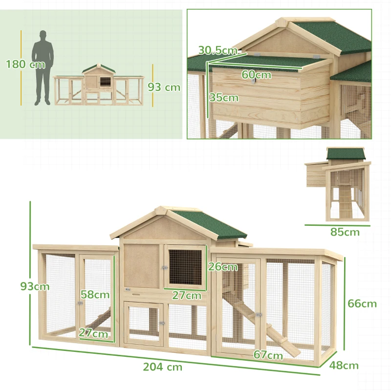 PawHut Large Chicken Coop, Wooden Garden Hen House, Poultry Coops Cages with Run, Nesting Box, Natural