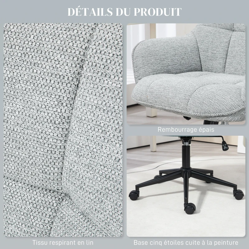 HOMCOM Fauteuil chaise de bureau dossier assise capitonnée hauteur réglable pivotant 360° piètement noir revêtement tissu gris