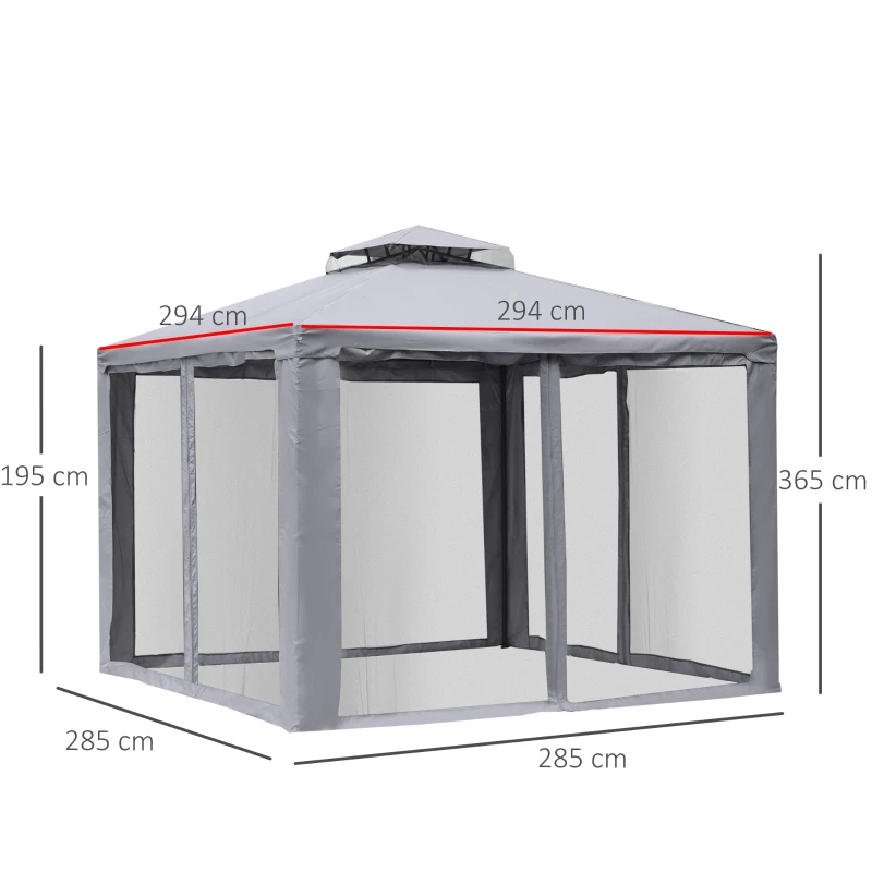 Outsunny Pavillon mit Doppeldach, 3x2 m Wasserdicht Stabil Winterfest Gartenpavillon mit Moskitonetz, Seitenteile, Garten-Pavillon aus Metall, für Garten, Terrasse, Hellgrau