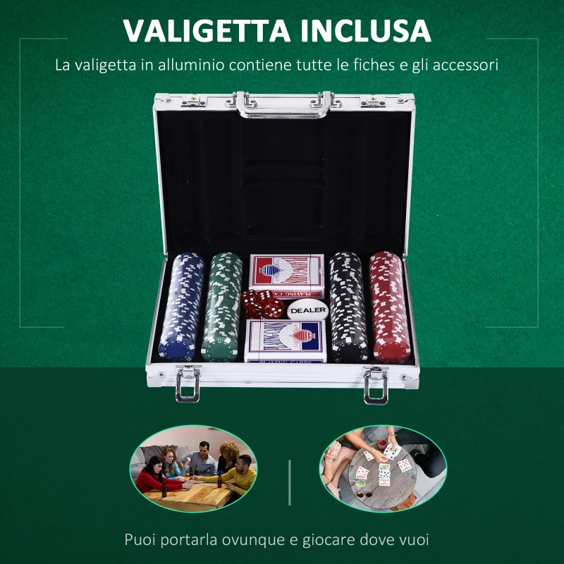 HOMCOM Valigetta Poker Professionale in Alluminio, Set Poker con 200 Fiches e 2 Mazzi per Texas hold'em e Blackjack