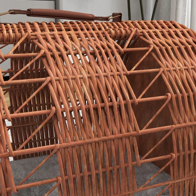 PawHut Transporttasche für Katze Hund aus Weide geflochten Korbhöhle mit Kissen Gitter für Transport Katzen Hunden Braun Metall 42 x 35 x 37 cm