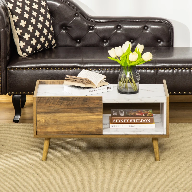 HOMCOM Mesa de Centro para Salón con Cajón y Estante Abierto Mesa de Café Industrial con Encimera de Mármol y Patas Elevadas de Madera 80x45x40,5 cm Marrón Rústico y Blanco