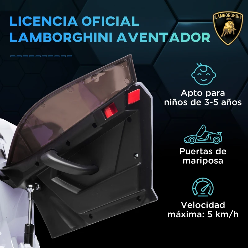 HOMCOM Coche Eléctrico Lamborghini para Niños Velocidad Max.5 km/h Puerta de Tijera con Control Remoto MP3 Blanco