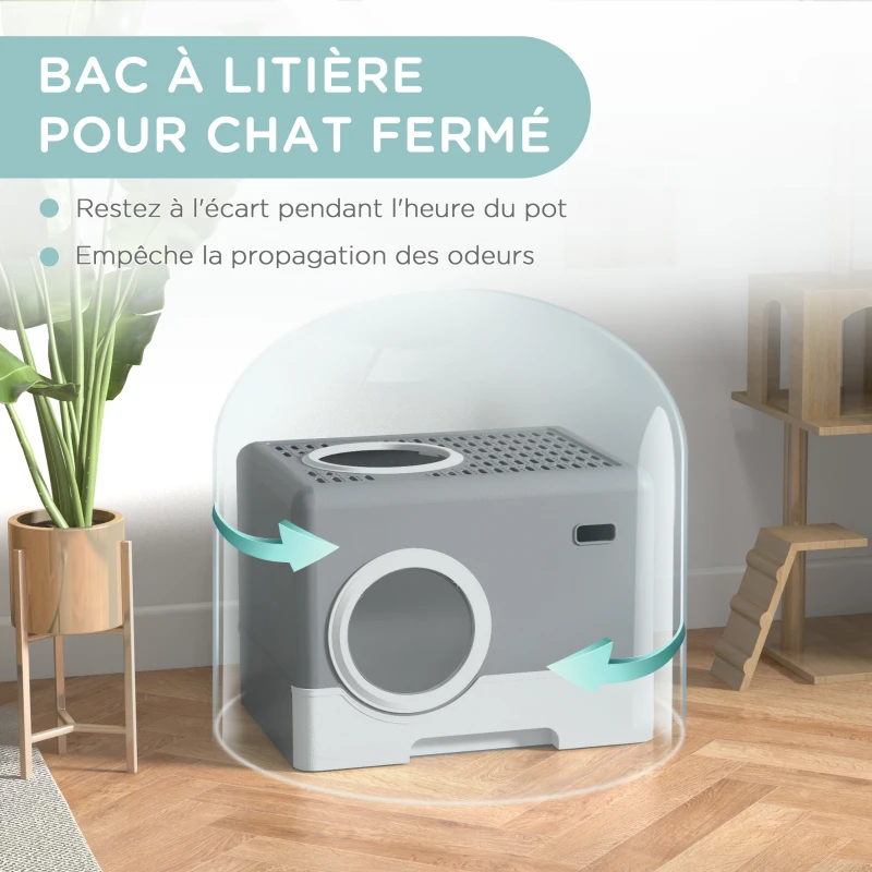 PawHut Bac à litière pour chat maison de toilette litière à chat double porte battante et supérieure 52 x 41 x 38,5 cm gris