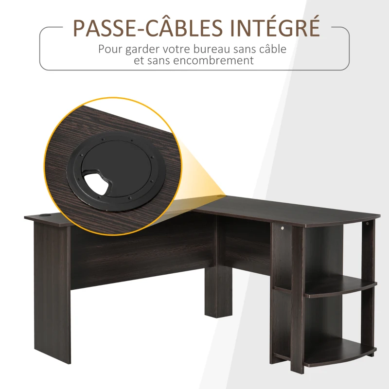 HOMCOM Bureau informatique bureau d'angle contemporain avec étagères en panneaux de particules idéal pour maison bureau dortoir 136 x 130 x 72 cm imitation wengé brun