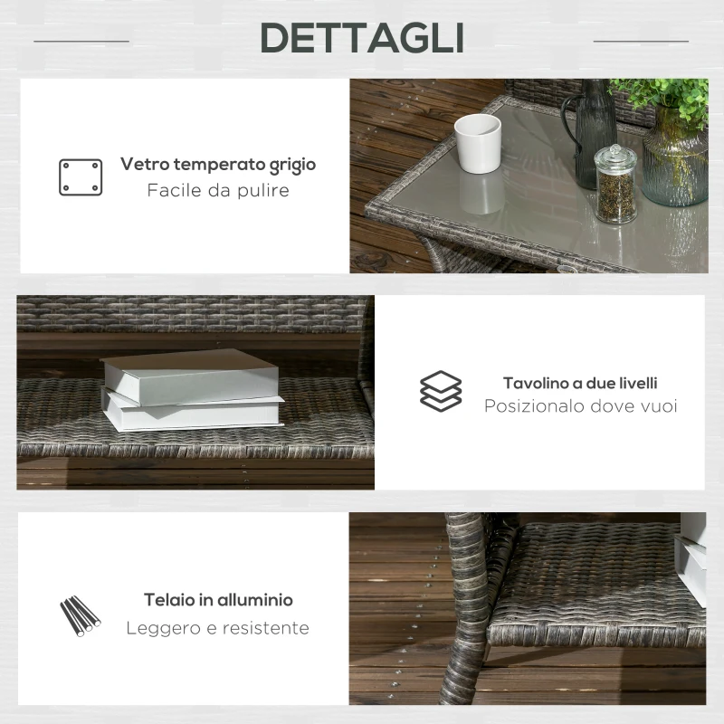 Outsunny Set da Giardino 4 Pezzi in Rattan e Acciaio con Tavolino da Caffè a 2 Livelli, Divano e 2 Sedie