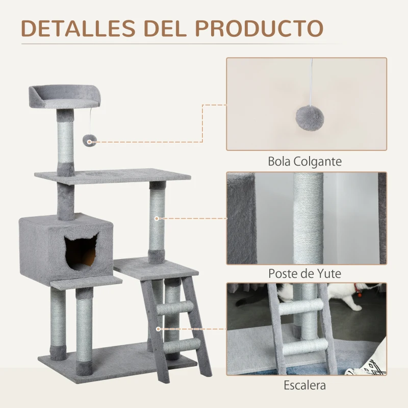 PawHut Árbol Rascador para Gatos Grande Altura 124 cm Torre de Escalada con Plataformas Escalera Cueva Postes de Yute y Bola Colgante Juego y Descanso 60,5x40x124 cm Gris