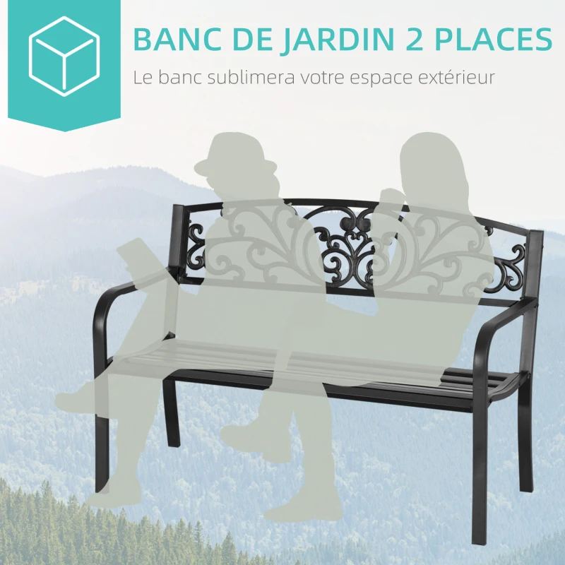 Outsunny Banc de Jardin terrasse en Acier Fonte Noir 2 Places 127 x 60 x 87 cm Charge Max 240 Kg