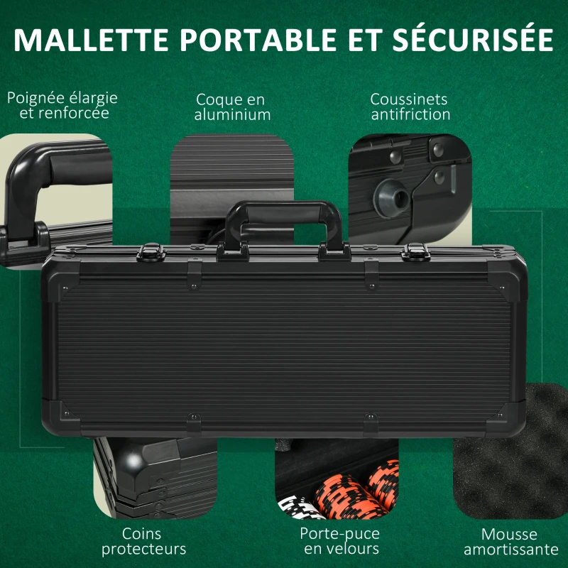 SPORTNOW Mallette de Poker Coffret de Poker Complet, avec 500 jetons 5 dés 2 Jeux de Cartes 3 boutons