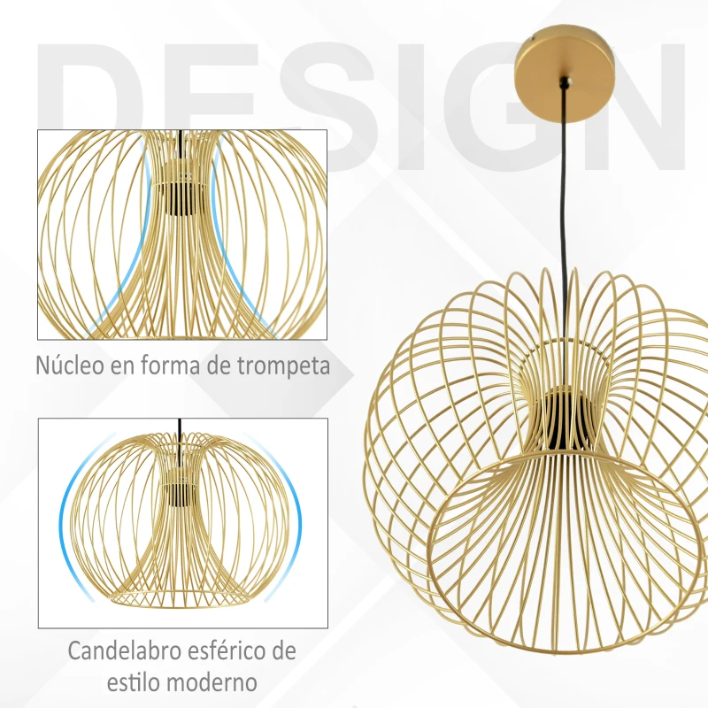 HOMCOM Lámpara Colgante Moderna con Casquillo E27 Máx. 40W y Cuerda Ajustable Lámpara de Suspensión de Metal para Comedor Dormitorio Salón Ø37x150 cm Dorado