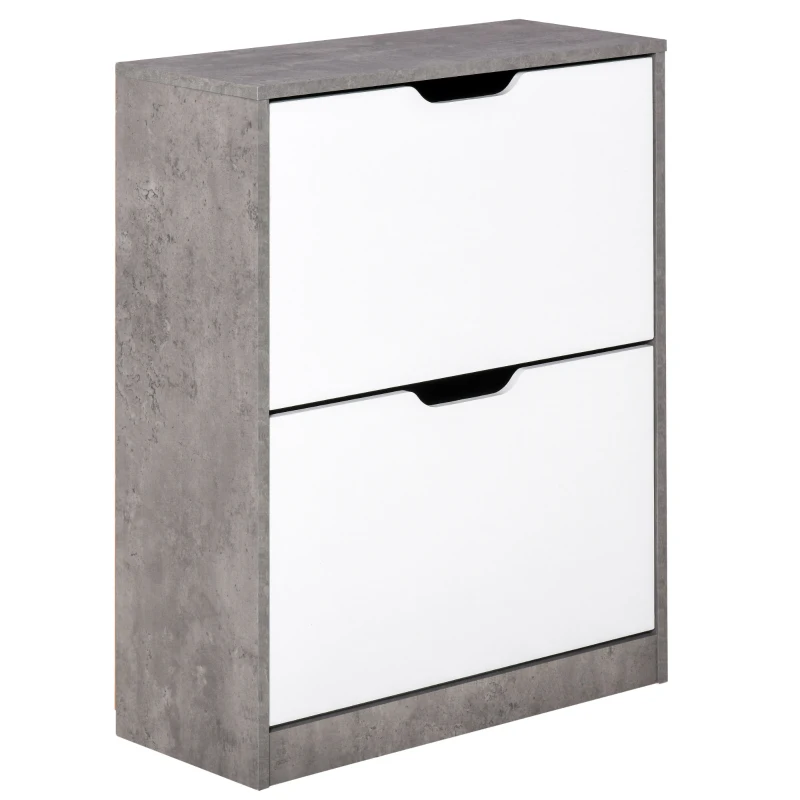 HOMCOM Meuble à chaussures meuble d'entrée placard de rangement, 2 portes abattantes, 62,5 x 26 x 81 cm, gris et blanc