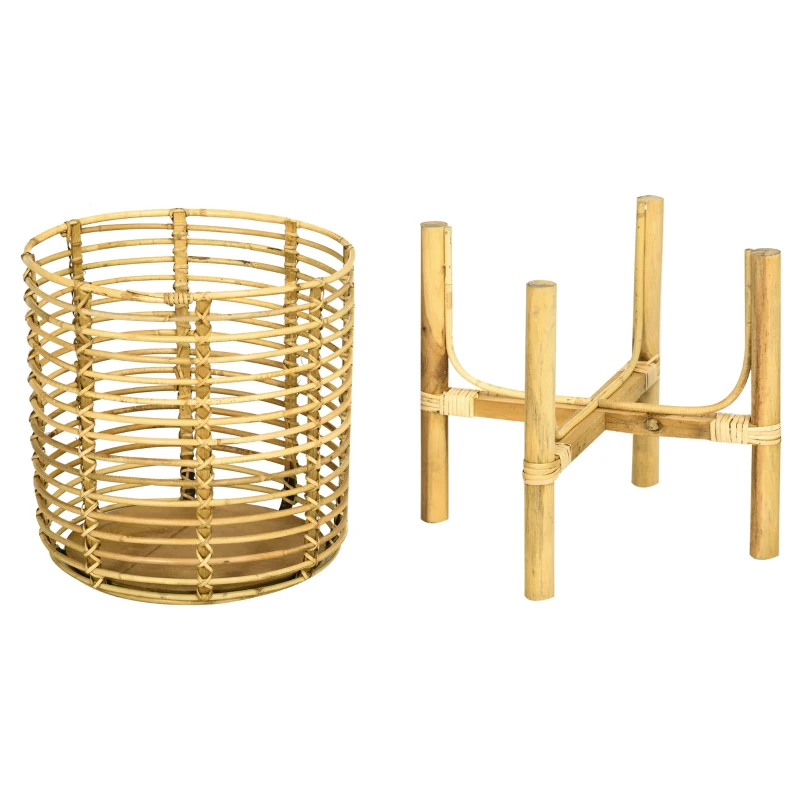 Outsunny 2er-Set Pflanzenständer, groß und klein, Körbe aus Rattan, Ständer aus Naturholz