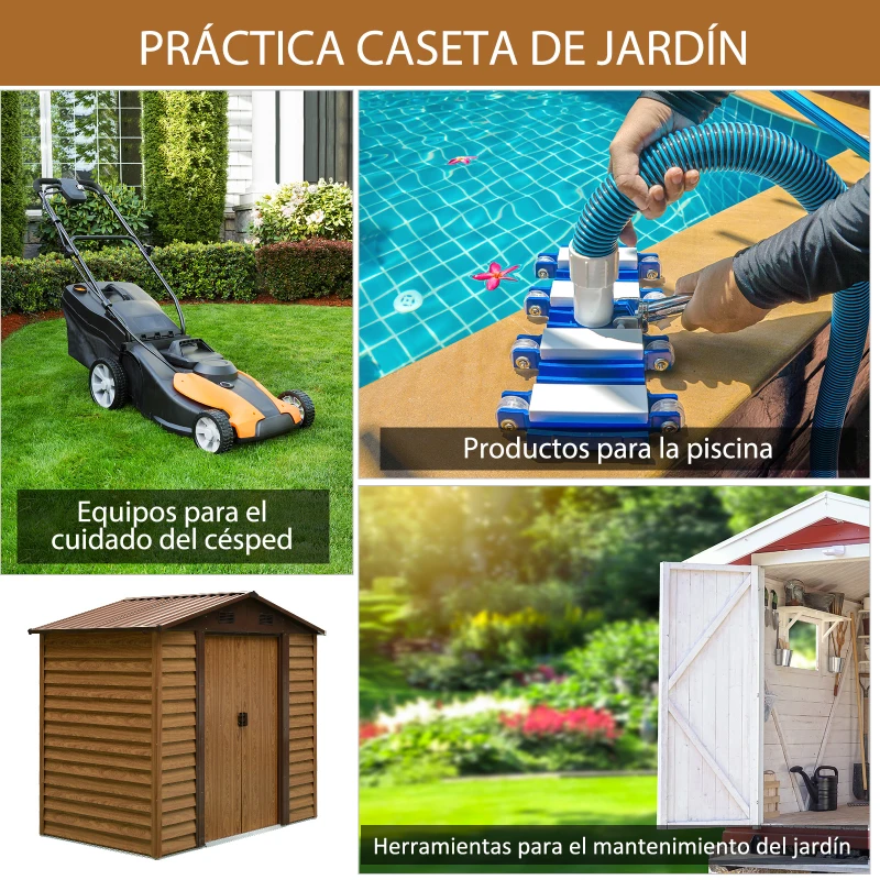 Outsunny Cobertizo de Jardín Exterior 3 m² 236x152x209 cm con 2 Puertas Corredizas y 4 Ventanas Natural y Café