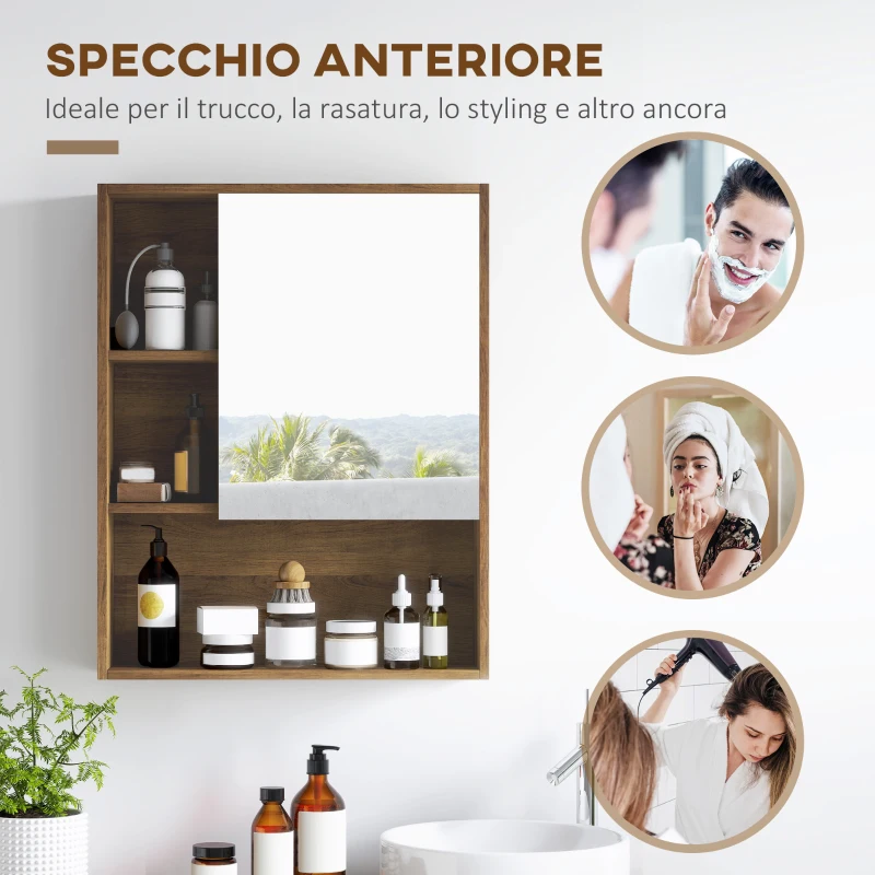 kleankin Armadietto Bagno con Specchio, Ripiani e Scaffale Regolabile, Montaggio a Parete, 60x15x76cm, Noce