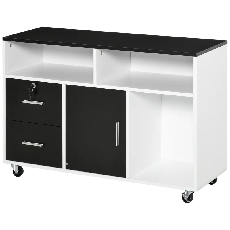 HOMCOM Mobile File Cabinet for Home Office, Lateral Filing Cabinet, Printer Stand with Open Shelves, Lockable Drawer,100cm x 35cm x 65cm, Black