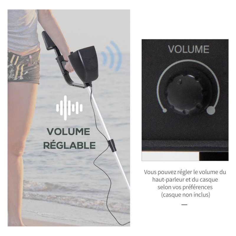 Outsunny Détecteur de métaux sensibilité et Volume Ajustable avec Bobine étanche, Manche réglable ABS Aluminium dim. 77,5-105L x 13l x 24H cm Noir