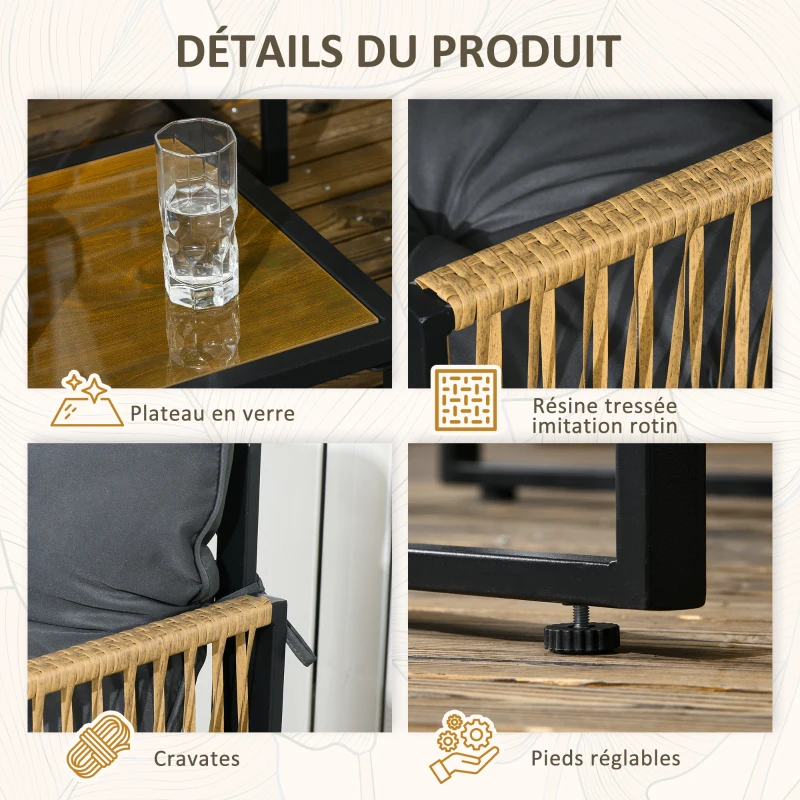 Outsunny Ensemble salon de jardin 4 pièces canapé 2 places 2 fauteuils et 1 table basse plateau verre trempé 3 coussins - gris