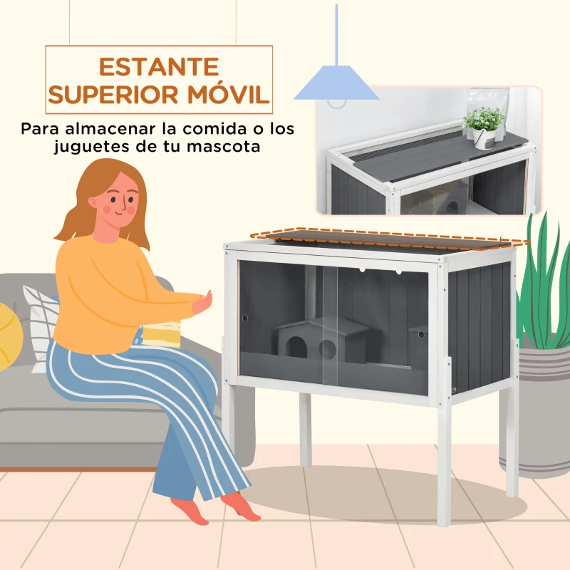 PawHut Jaula para Hámster de Madera con 2 Puertas de Acrílico 2 Casitas para Animales Pequeños 82x45x81 cm Gris Oscuro