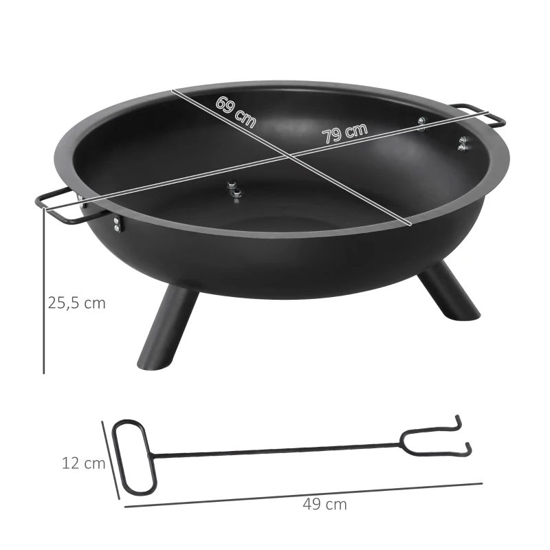 Outsunny Feuerschale mit Schürhaken Feuerkorb rund Feuerstelle für Garten Camping BBQ Stahl Schwarz 79 x 69 x 25,5 cm