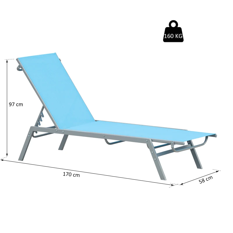 Outsunny Bain de Soleil transat - Chaise Longue - Design Contemporain - Dossier inclinable Multi-Positions - métal époxy textilène Bleu Ciel - dim. 170 x 58 x 97 cm