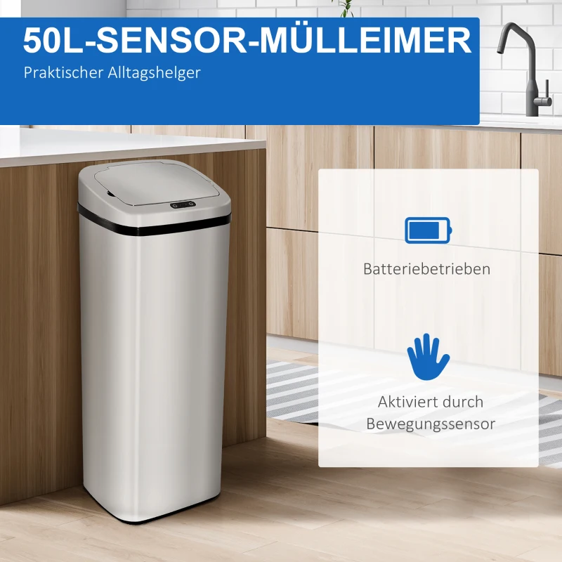 HOMCOM Sensor Mülleimer 50L Automatik Mülleimer mit Bewegungssensor, Wasserdichter Abfalleimer für Büro, Schlafzimmer, Küchen Edelstahl Silber