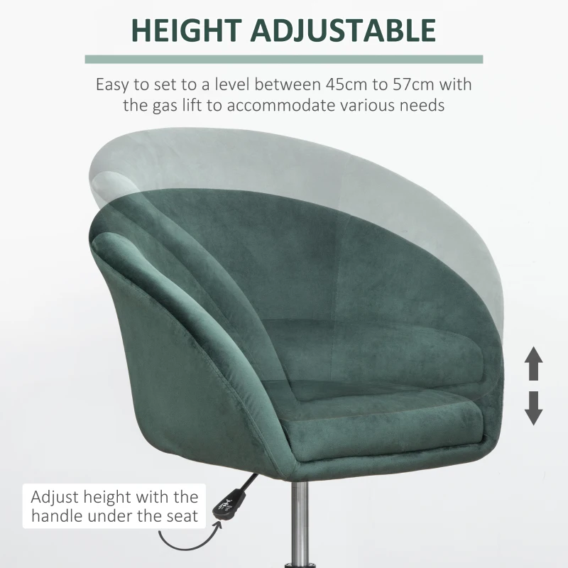 HOMCOM Dressing Table Chair, 360° Swivel Velvet-feel Upholstered Vanity Chair with Tub Seat, Back, Adjustable Height for Bedroom Makeup, Green